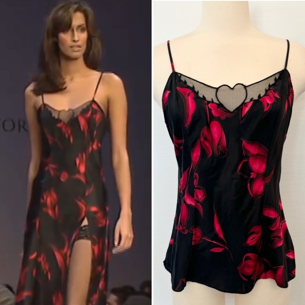 🌺SOLD🌺Victoria’s Secret Silk Mesh Heart Black Red Floral Print Camisole Tank Top